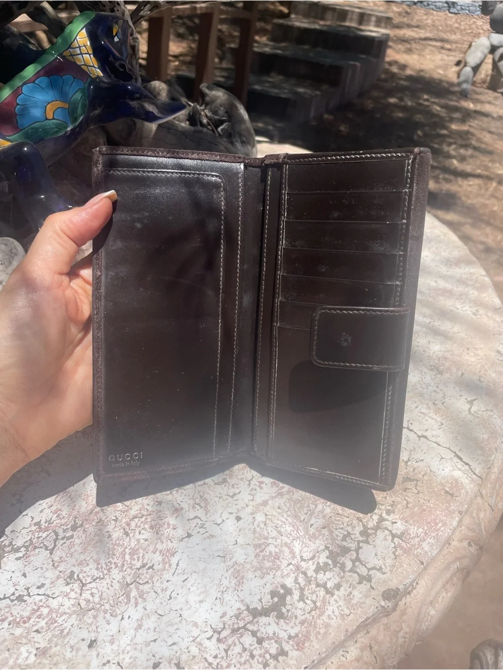 Gucci Dark Brown Leather Card  Holder with Embossed Interlocking GG